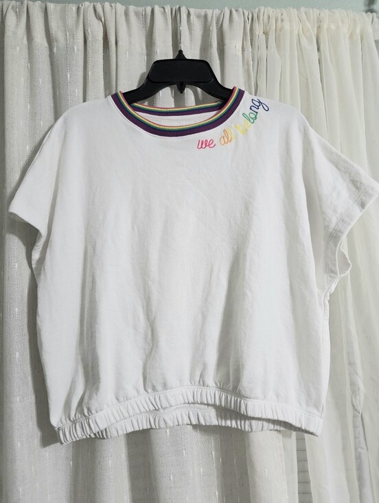 crown & ivy Tops - crown & ivy White Pullover with Rainbow Rib Trim